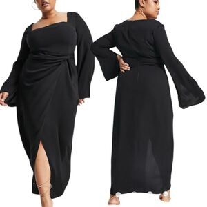ASOS BLACK Curve Square Neck Flutted Sleeve Knot Detail High Slit Long Maxi Dres